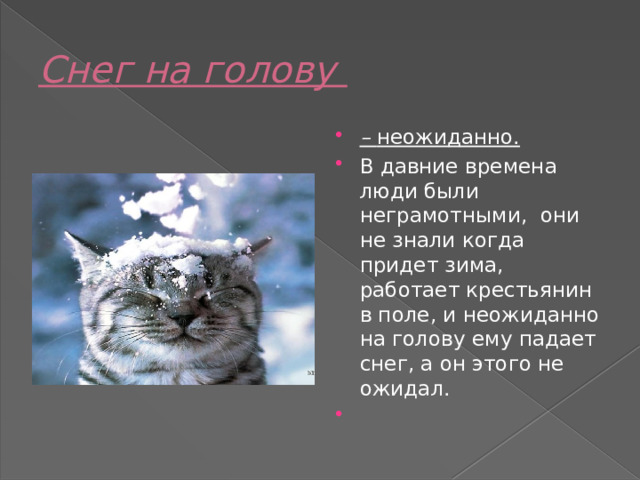 Снег на голову –  неожиданно. В давние времена люди были неграмотными,  они не знали когда придет зима, работает крестьянин в поле, и неожиданно на голову ему падает снег, а он этого не ожидал.   