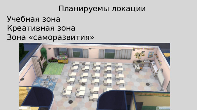 Планируемы локации Учебная зона Креативная зона Зона «саморазвития» 