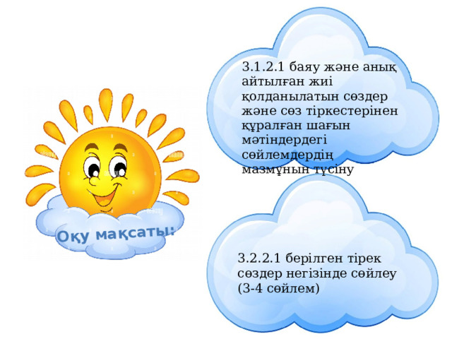 Оқу мақсаты: 3.​1.​2.​1 баяу және анық айтылған жиі қолданылатын сөздер және сөз тіркестерінен құралған шағын мәтіндердегі сөйлемдердің мазмұнын түсіну 3.​2.​2.​1 берілген тірек сөздер негізінде сөйлеу (3-4 сөйлем) 