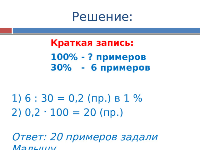 Решение: Краткая запись:  100% - ? примеров 30% - 6 примеров 1) 6 : 30 = 0,2 (пр.) в 1 % 2) 0,2 . 100 = 20 (пр.) Ответ: 20 примеров задали Малышу 