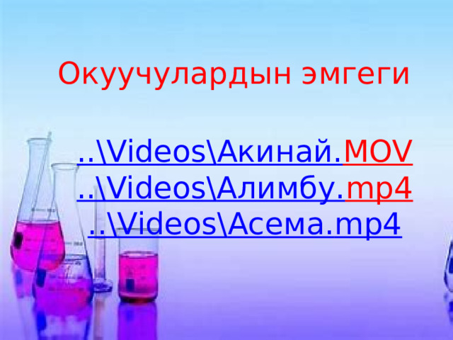 Окуучулардын эмгеги ..\Videos\ Акинай. MOV  ..\Videos\ Алимбу. mp4  ..\Videos\ Асема. mp4 