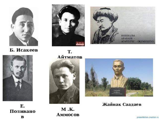 Б. Исакеев Т. Айтматов Жайнак Саадаев Е. Поливанов М .К. Аммосов 