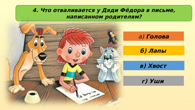 4. Что отваливается у Дяди Фёдора в письме, написанном родителям? а) Голова б) Лапы в) Хвост г) Уши 