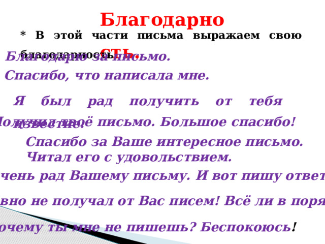 Благодарность. * В этой части письма выражаем свою благодарность. Благодарю за письмо. Спасибо, что написала мне. Я был рад получить от тебя известие. Получил твоё письмо. Большое спасибо! Спасибо за Ваше интересное письмо. Читал его с удовольствием. Очень рад Вашему письму. И вот пишу ответ. Давно не получал от Вас писем! Всё ли в порядке? Почему ты мне не пишешь? Беспокоюсь ! 