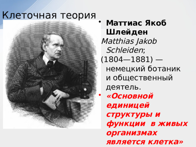 Клеточная теория Маттиас Якоб Шлейден     Matthias Jakob Schleiden ;   (1804—1881) — немецкий ботаник и общественный деятель. «Основной единицей структуры и функции в живых организмах является клетка» 