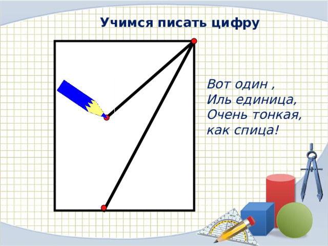 Учимся писать цифру Вот один , Иль единица, Очень тонкая, как спица! 