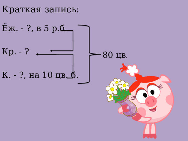 Краткая запись:   Ёж. - ?, в 5 р.б. Кр. - ? К. - ?, на 10 цв. б. 80 цв . 