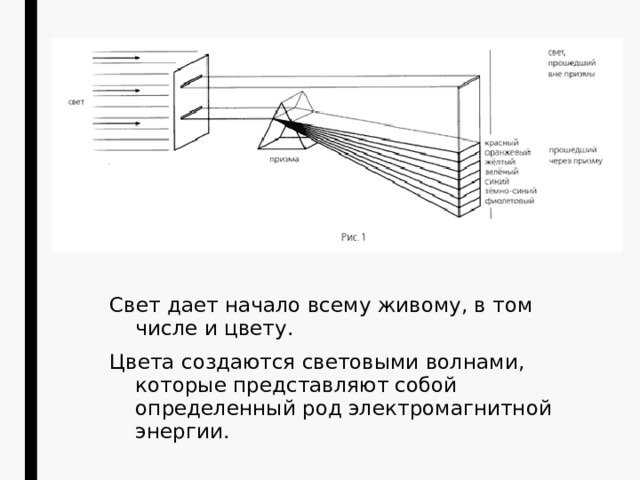 Свет дает начало всему живому, в том числе и цвету. Цвета создаются световыми волнами, которые представляют собой определенный род электромагнитной энергии. 