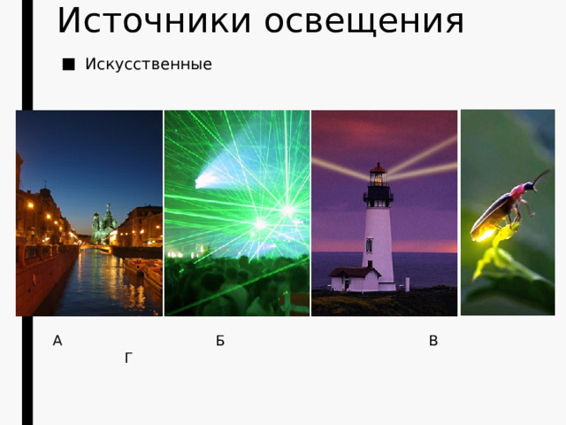 Источники освещения Искусственные А Б В Г 