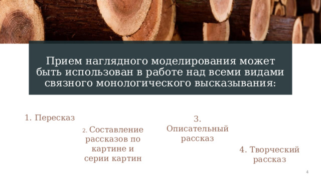Прием наглядного моделирования может быть использован в работе над всеми видами связного монологического высказывания: 1. Пересказ 3. Описательный рассказ 2. Составление рассказов по картине и серии картин 4. Творческий рассказ 1 1 