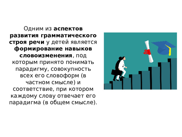 Одним из аспектов развития грамматического строя речи у детей является формирование навыков словоизменения , под которым принято понимать парадигму, совокупность всех его словоформ (в частном смысле) и соответствие, при котором каждому слову отвечает его парадигма (в общем смысле). 