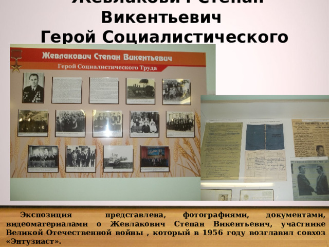   Жевлакович Степан Викентьевич  Герой Социалистического труда  Экспозиция представлена, фотографиями, документами, видеоматериалами о Жевлакович Степан Викентьевич, участнике Великой Отечественной войны , который в 1956 году возглавил совхоз «Энтузиаст».  