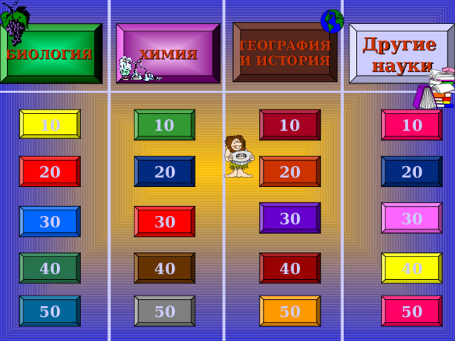 ГЕОГРАФИЯ И ИСТОРИЯ Другие науки ХИМИЯ БИОЛОГИЯ 10    10 10 10 20 20 20 20 30 30 30 30 40 40 40 40 50 50 50 50 