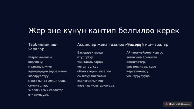 Жер эне күнүн кантип белгилөө керек Тарбиялык иш-чаралар Акциялар жана тазалоо күндөрү Маданий иш-чаралар Бак-дарактарды отургузуу, таштандыларды чогултуу, суу объекттерин тазалоо сыяктуу массалык экологиялык иш-чаралар уюштурулууда. Айлана-чөйрөнү коргоо темасына арналган концерттер, фестивалдар, сүрөт көргөзмөлөрү уюштурулууда. Жаратылышты коргоонун маанилүүлүгүн адамдардын аң-сезимин жогорулатуу максатында лекциялар, семинарлар, экологиялык сабактар өткөрүлүүдө.  