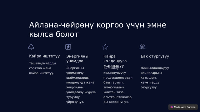 Айлана-чөйрөнү коргоо үчүн эмне кылса болот Бак отургузуу Кайра иштетүү Энергияны үнөмдөө Кайра колдонууга жарамдуу Таштандыларды сорттоо жана кайра иштетүү. Жашылдандыруу акцияларына катышып, көчөттөрдү отургузуу. Энергияны үнөмдөөчү шаймандарды колдонуңуз жана энергияны үнөмдөөчү жүрүм-турумду үйрөнүңүз. Бир жолу колдонулуучу продукциялардан баш тартып, экологиялык жактан таза альтернативаларды колдонуңуз.  