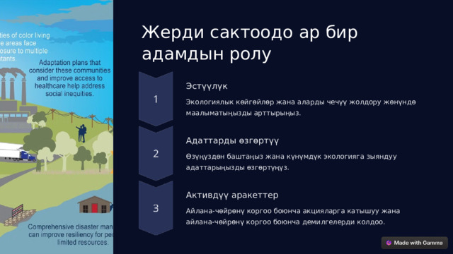 Жерди сактоодо ар бир адамдын ролу Эстүүлүк Экологиялык көйгөйлөр жана аларды чечүү жолдору жөнүндө маалыматыңызды арттырыңыз. Адаттарды өзгөртүү Өзүңүздөн баштаңыз жана күнүмдүк экологияга зыяндуу адаттарыңызды өзгөртүңүз. Активдүү аракеттер Айлана-чөйрөнү коргоо боюнча акцияларга катышуу жана айлана-чөйрөнү коргоо боюнча демилгелерди колдоо.  
