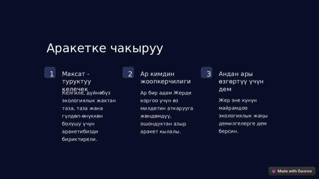 Аракетке чакыруу 3 2 1 Ар кимдин жоопкерчилиги Максат - туруктуу келечек Андан ары өзгөртүү үчүн дем Келгиле, дүйнөбүз экологиялык жактан таза, таза жана гүлдөп-өнүккөн болушу үчүн аракетибизди бириктирели. Ар бир адам Жерди коргоо үчүн өз милдетин аткарууга жөндөмдүү, ошондуктан азыр аракет кылалы. Жер эне күнүн майрамдоо экологиялык жаңы демилгелерге дем берсин.  