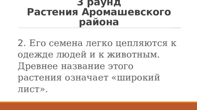 3 раунд  Растения Аромашевского района 2. Его семена легко цепляются к одежде людей и к животным. Древнее название этого растения означает «широкий лист». 