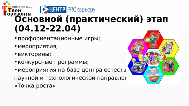 Основной (практический) этап (04.12-22.04) профориентационные игры; мероприятия; викторины; конкурсные программы; мероприятия на базе центра естественно- научной и технологической направленностей «Точка роста» 