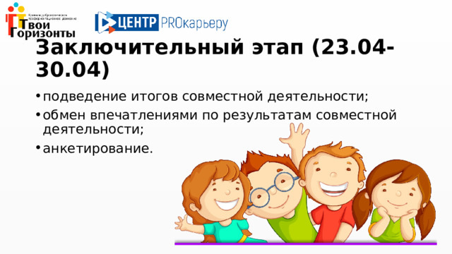 Заключительный этап (23.04-30.04) подведение итогов совместной деятельности; обмен впечатлениями по результатам совместной деятельности; анкетирование. 