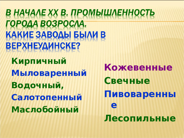 Кирпичный Мыловаренный Водочный, Салотопенный Маслобойный Кожевенные Свечные Пивоваренные Лесопильные  