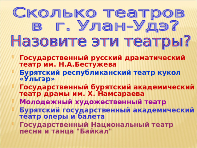 Государственный русский драматический театр им. Н.А.Бестужева Бурятский республиканский театр кукол «Ульгэр» Государственный бурятский академический театр драмы им. Х. Намсараева Молодежный художественный театр Бурятский государственный академический театр оперы и балета Государственный Национальный театр песни и танца 