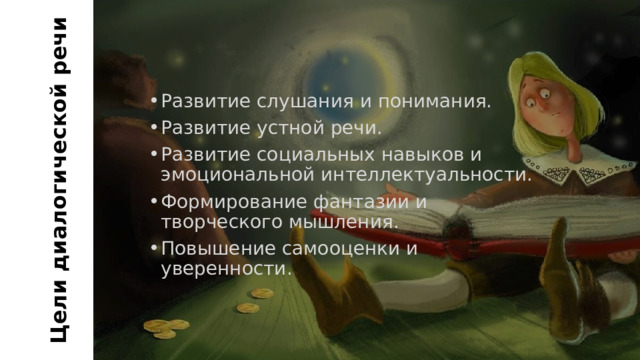 Цели диалогической речи Развитие слушания и понимания. Развитие устной речи. Развитие социальных навыков и эмоциональной интеллектуальности. Формирование фантазии и творческого мышления. Повышение самооценки и уверенности. 