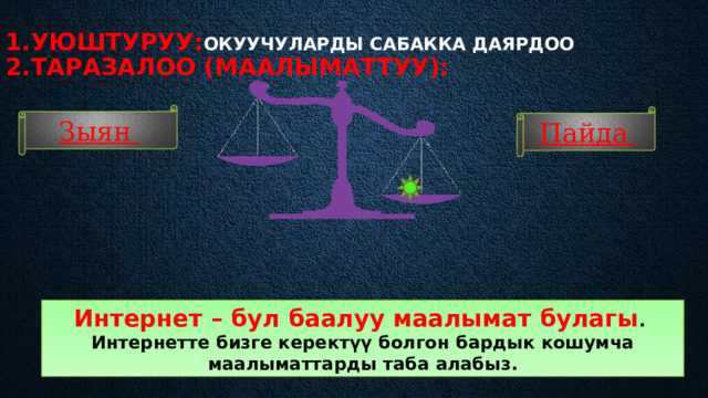 1.Уюштуруу: Окуучуларды сабакка даярдоо  2.таразалоо (маалыматтуу):    Зыян Пайда Интернет – бул баалуу маалымат булагы . Интернетте бизге керектүү болгон бардык кошумча маалыматтарды таба алабыз. 