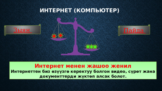 Интернет (компьютер)    Зыян Пайда Интернет менен жашоо женил Интернеттен биз өзүүзгө керектуу болгон видео, сүрөт жана документтерди жүктөп алсак болот. 