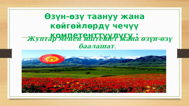 Өзүн-өзү таануу жана көйгөйлөрдү чечүү компетенттүүлүгү : Жуптар менен иштешет жана өзүн-өзү баалашат . 