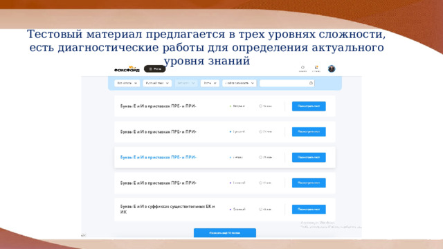 Тестовый материал предлагается в трех уровнях сложности, есть диагностические работы для определения актуального уровня знаний 