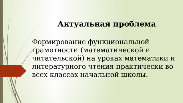 Актуальная проблема  Формирование функциональной грамотности (математической и читательской) на уроках математики и литературного чтения практически во всех классах начальной школы.     