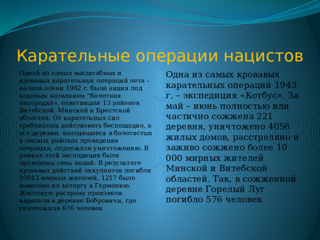 Карательные операции нацистов Одной из самых масштабных и кровавых карательных операций лета – начала осени 1942 г. была акция под кодовым названием 
