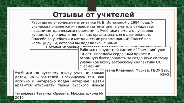 Отзывы от учителей Работаю по учебникам математики Н. Б. Истоминой с 1994 года. У учеников появляется интерес к математике, а учитель овладевает новыми методическими приемами … Учебники помогают учителю «увидеть» ученика и понять, как организовать его деятельность. Спасибо за учебники и методические рекомендации! Спасибо за частицу души, которой вы поделились с нами! Наталья Игоревна Столярова, Воронеж, МБОУ Гимназия УВК №1 Работаю по чудесной системе 