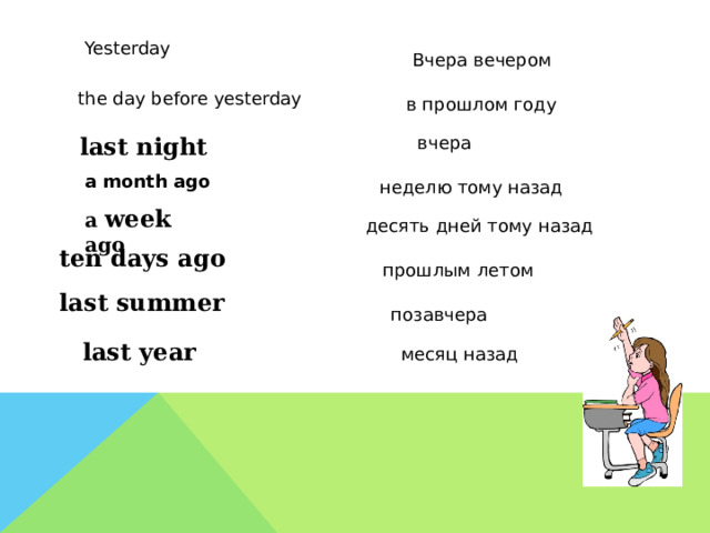 Yesterday Вчера вечером the day before yesterday в прошлом году last night вчера a month ago неделю тому назад a week ago десять дней тому назад ten days ago прошлым летом last summer позавчера last year месяц назад 