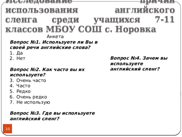Исследование причин использования английского сленга среди учащихся 7-11 классов МБОУ СОШ с. Норовка Анкета Вопрос №1. Используете ли Вы в своей речи английские слова? Да Нет Вопрос №2. Как часто вы их используете? Очень часто Часто Редко Очень редко Не использую Вопрос №3. Где вы используете английский сленг? Вопрос №4. Зачем вы используете английский сленг?  