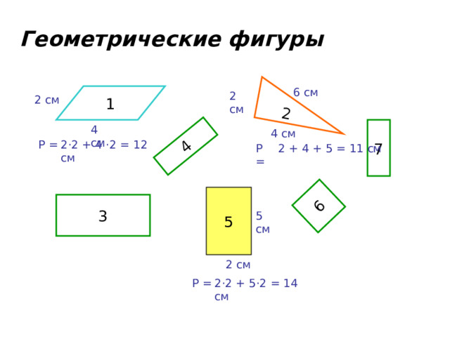 2 4 6 Геометрические фигуры 6 см 1 2 см 2 см 7 4 см 4 см Р = 2 · 2 + 4 · 2 = 12 см Р = 2 + 4 + 5 = 11 см 5 3 5 см 2 см Р = 2 · 2 + 5 · 2 = 14 см 