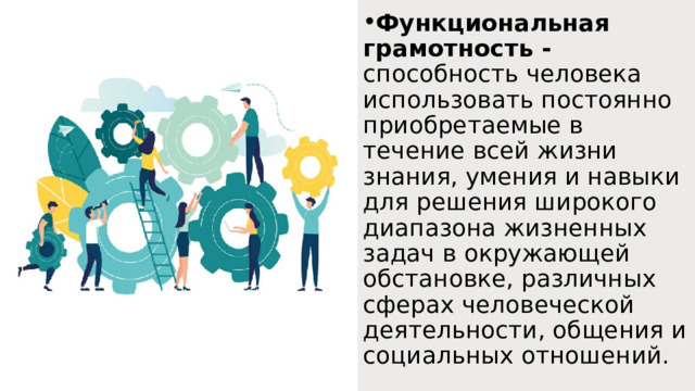 Функциональная грамотность - способность человека использовать постоянно приобретаемые в течение всей жизни знания, умения и навыки для решения широкого диапазона жизненных задач в окружающей обстановке, различных сферах человеческой деятельности, общения и социальных отношений. 