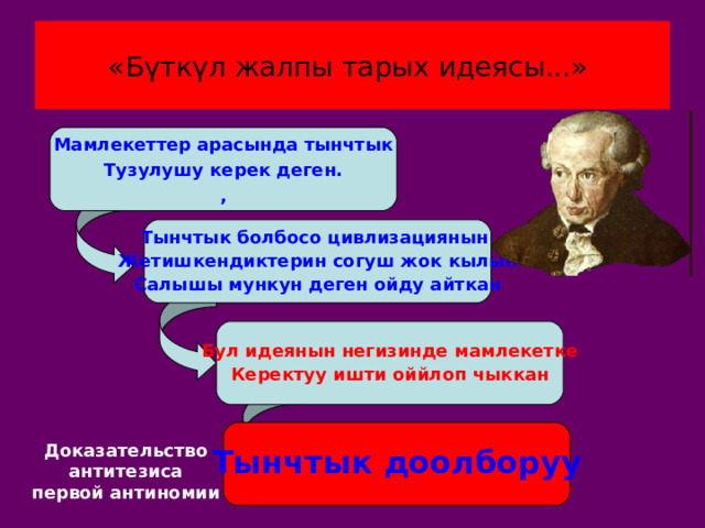 «Бүткүл жалпы тарых идеясы...» Мамлекеттер арасында тынчтык Тузулушу керек деген. , Тынчтык болбосо цивлизациянын Жетишкендиктерин согуш жок кылып Салышы мункун деген ойду айткан Бул идеянын негизинде мамлекетке Керектуу ишти оййлоп чыккан Тынчтык доолборуу Доказательство  антитезиса  первой антиномии  