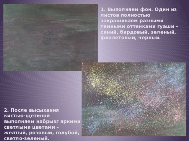 1. Выполняем фон. Один из листов полностью закрашиваем разными темными оттенками гуаши – синий, бардовый, зеленый, фиолетовый, черный. 2. После высыхания кистью-щетиной выполняем набрызг яркими светлыми цветами – желтый, розовый, голубой, светло-зеленый. Получился космос и звезды. 