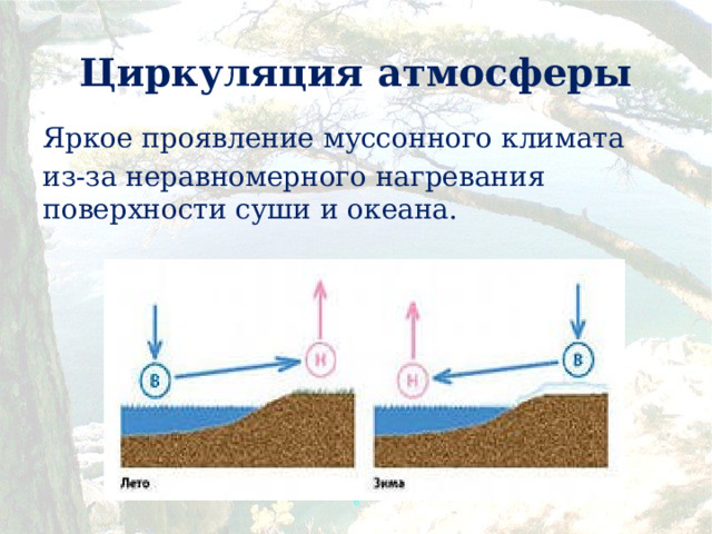 Циркуляция атмосферы Яркое проявление муссонного климата из-за неравномерного нагревания поверхности суши и океана.  
