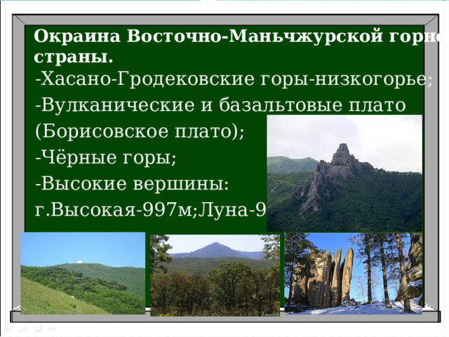 Окраина Восточно-Маньчжурской горной  страны. -Хасано-Гродековские горы-низкогорье; -Вулканические и базальтовые плато (Борисовское плато); -Чёрные горы; -Высокие вершины: г.Высокая-997м;Луна-921м. 