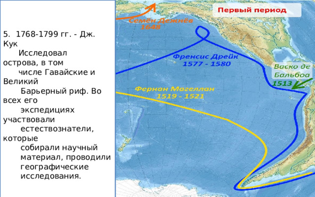 5. 1768-1799 гг. - Дж. Кук  Исследовал острова, в том  числе Гавайские и Великий  Барьерный риф. Во всех его  экспедициях участвовали  естествознатели, которые  собирали научный  материал, проводили  географические  исследования. 
