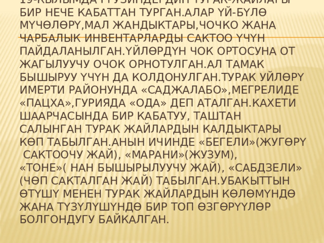 19-кылымда грузиндердин турак-жайлары бир нече кабаттан турган.Алар үй-бүлѳ мүчѳлѳрү,мал жандыктары,чочко жана чарбалык инвентарларды сактоо үчүн пайдаланылган.Үйлѳрдүн чок ортосуна от жагылуучу очок орнотулган.Ал тамак бышыруу үчүн да колдонулган.Турак уйлѳрү Имерти районунда «саджалабо»,Мегрелиде «пацха»,Гурияда «ода» деп аталган.Кахети шаарчасында бир кабатуу, таштан салынган турак жайлардын калдыктары кѳп табылган.Анын ичинде «бегели»(жугѳрү сактоочу жай), «марани»(жузум), «тоне»( нан бышырылуучу жай), «сабдзели» (чѳп сакталган жай) табылган.Убакыттын ѳтүшү менен турак жайлардын кѳлѳмүндѳ жана түзүлүшүндѳ бир топ ѳзгѳрүүлѳр болгондугу байкалган. 