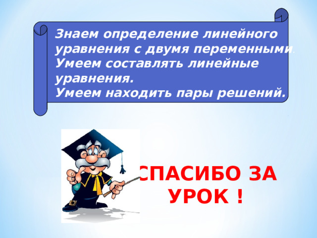  Знаем определение линейного уравнения с двумя переменными . Умеем составлять линейные уравнения. Умеем находить пары решений.  СПАСИБО ЗА УРОК ! 