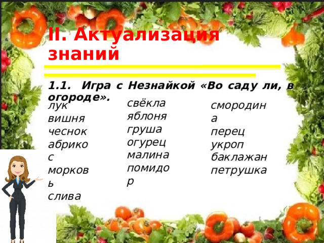 II. Актуализация знаний 1.1. Игра с Незнайкой «Во саду ли, в огороде». свёкла яблоня груша огурец малина помидор смородина лук перец вишня укроп чеснок абрикос баклажан морковь петрушка слива 