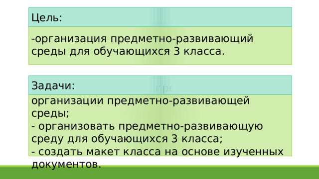Цель: -организация предметно-развивающий среды для обучающихся 3 класса. Задачи: -изучить требования, предъявляемой к организации предметно-развивающей среды; - организовать предметно-развивающую среду для обучающихся 3 класса; - создать макет класса на основе изученных документов. 