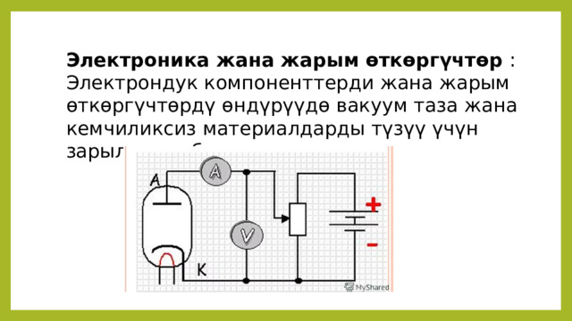 Электроника жана жарым өткөргүчтөр : Электрондук компоненттерди жана жарым өткөргүчтөрдү өндүрүүдө вакуум таза жана кемчиликсиз материалдарды түзүү үчүн зарыл шарт болуп саналат. 