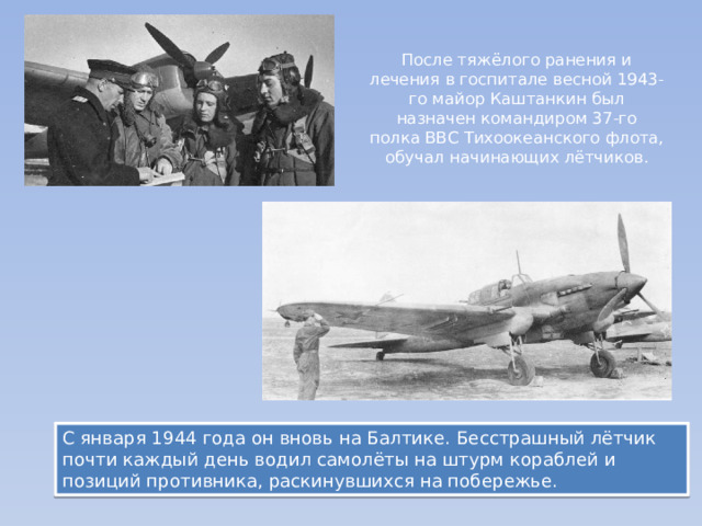 После тяжёлого ранения и лечения в госпитале весной 1943-го майор Каштанкин был назначен командиром 37-го полка ВВС Тихоокеанского флота, обучал начинающих лётчиков. С января 1944 года он вновь на Балтике. Бесстрашный лётчик почти каждый день водил самолёты на штурм кораблей и позиций противника, раскинувшихся на побережье. 