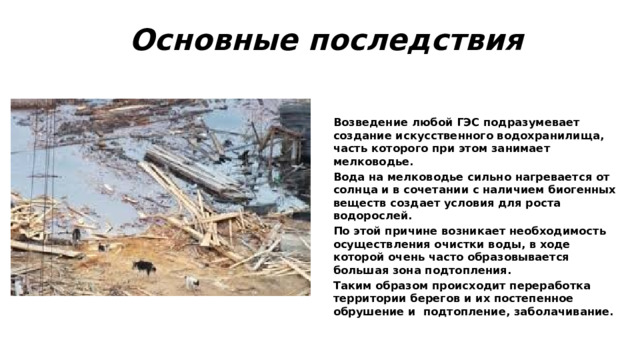 Основные последствия  Возведение любой ГЭС подразумевает создание искусственного водохранилища, часть которого при этом занимает мелководье. Вода на мелководье сильно нагревается от солнца и в сочетании с наличием биогенных веществ создает условия для роста водорослей. По этой причине возникает необходимость осуществления очистки воды, в ходе которой очень часто образовывается большая зона подтопления. Таким образом происходит переработка территории берегов и их постепенное обрушение и подтопление, заболачивание. 